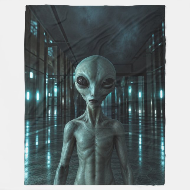 Mysterious Grey Alien Fleece Blanket (Front)