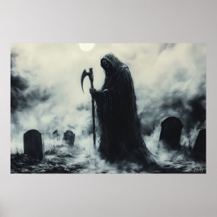 Mysterious Grim Reaper in a Foggy Graveyard Poster
