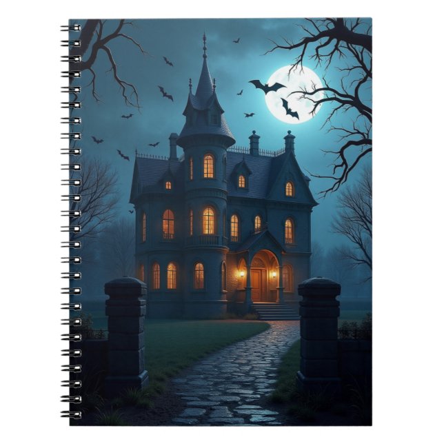 Mysterious Haunted House Full Moon Halloween Scene Notebook (Front)