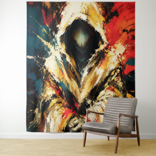 Mysterious Hooded Figure – Bold Abstract Tapestry