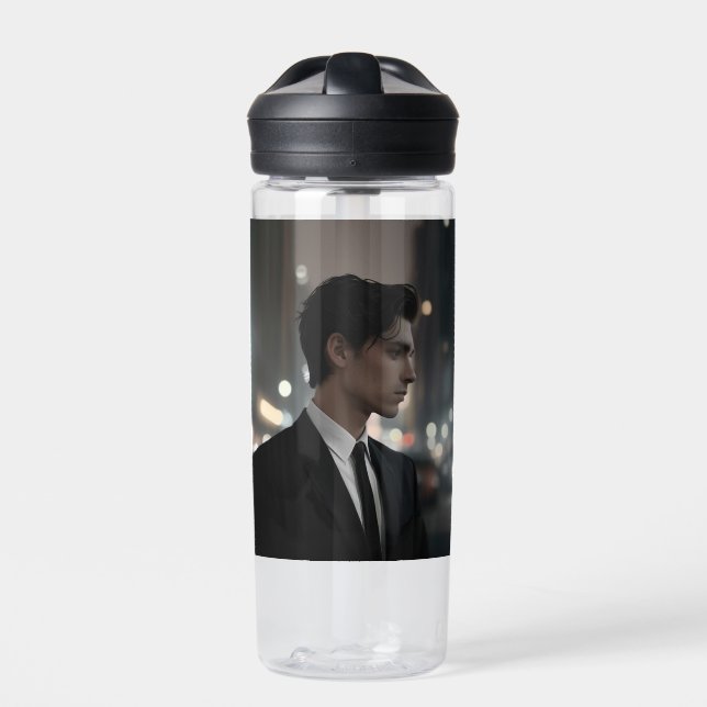 Mysterious Man in Suit at Night – Cinematic Urban  Water Bottle (Front)