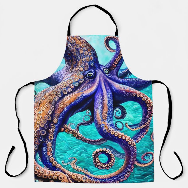Mysterious Octopus Blue Ocean Wave Abstract Art Apron (Front)