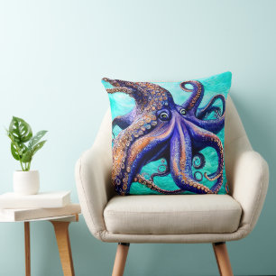 Mysterious Octopus Blue Ocean Wave Abstract Art Cushion