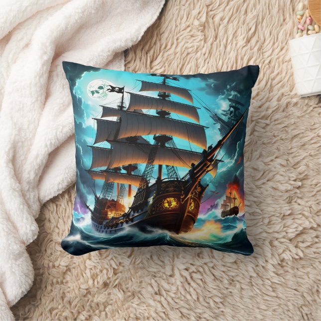 Mysterious Pirate Ship Sailing Through Stormy Seas Cushion (Blanket)