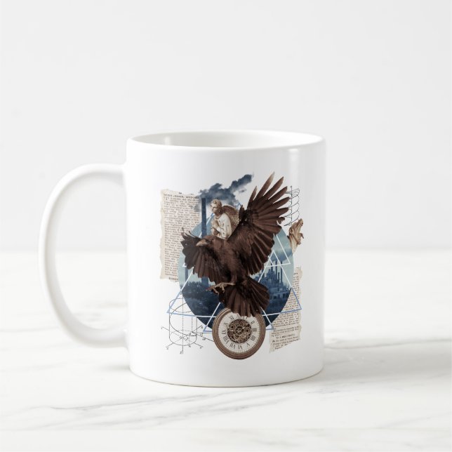 Mysterious Raven Collage – Vintage and Futuristic  Coffee Mug (Left)