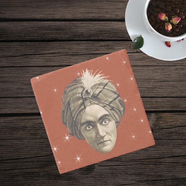 Mysterious Spooky Magical Genie Head Face Turban Stone Coaster (Head face of Magician man with turban on red with white stars stone drink coaster.)