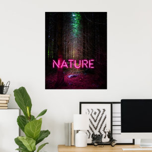 Mysterious spruce forest nature neon magenta poster