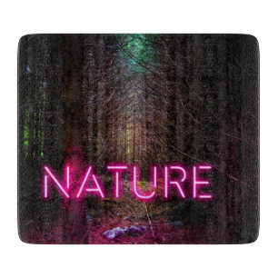 Mysterious spruce forest nature neon magenta sign cutting board