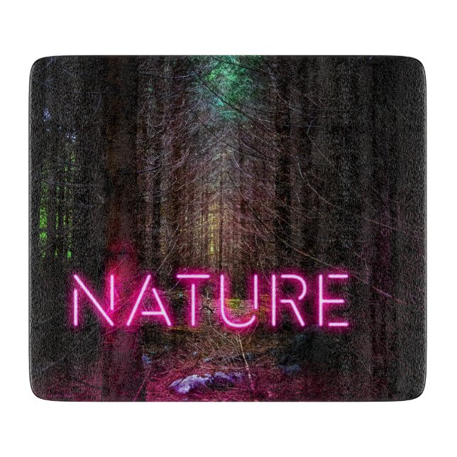 Mysterious spruce forest nature neon magenta sign cutting board (Front)
