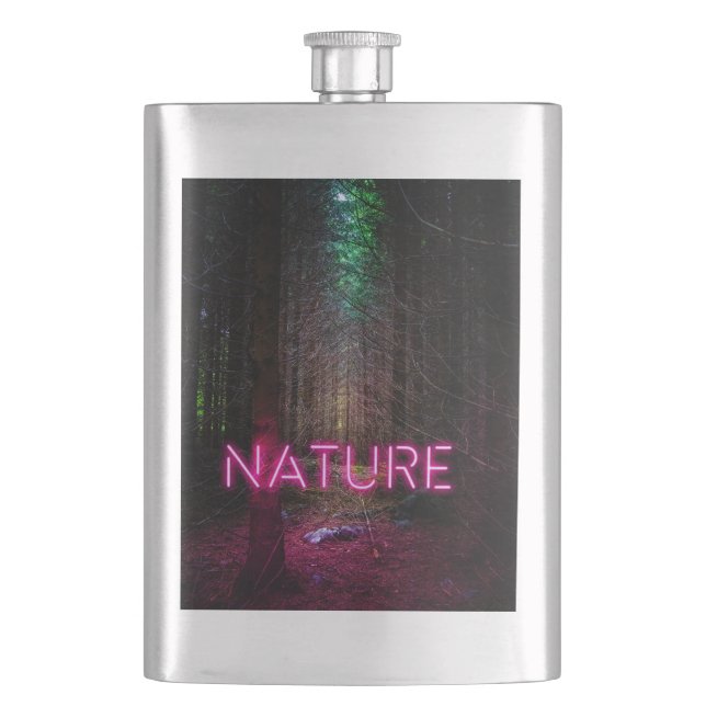 Mysterious spruce forest nature neon magenta sign hip flask (Front)