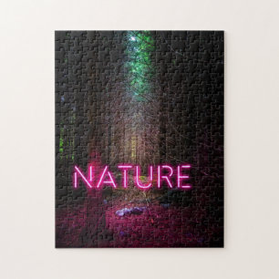Mysterious spruce forest nature neon magenta sign jigsaw puzzle