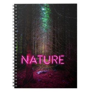 Mysterious spruce forest nature neon magenta sign notebook