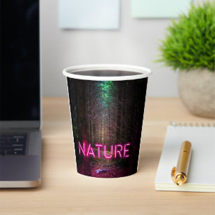 Mysterious spruce forest nature neon magenta sign paper cups