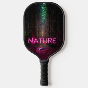 Mysterious spruce forest nature neon magenta sign pickleball paddle