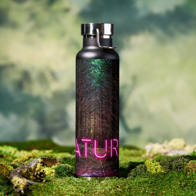 Mysterious spruce forest nature neon magenta sign water bottle (Outdoor)