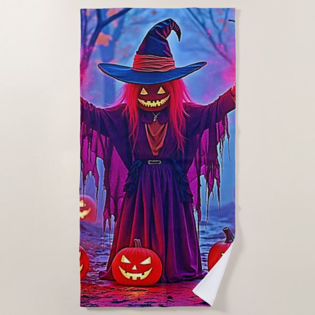 Mysterious Witch in Enchanted Woods Design Beach Towel (Front)