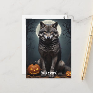 Mysterious Wolf with Pumpkin Halloween Art Postcard