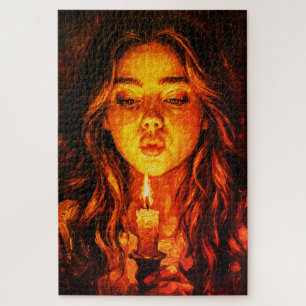 Mysterious Woman Blowing Candle Oil Painting Jigsaw Puzzle