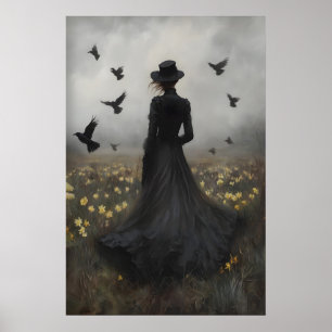 Mysterious Woman Dark Gothic Crow Art Moody Poster