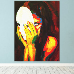 Mysterious Woman Holding Mask Dramatic Oil Art Canvas Print