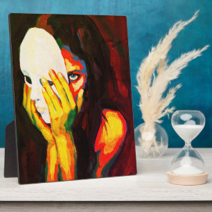 Mysterious Woman Holding Mask Dramatic Oil Art Plaque