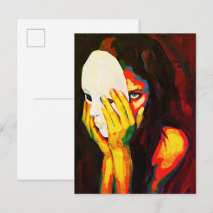 Mysterious Woman Holding Mask Dramatic Oil Art Postcard