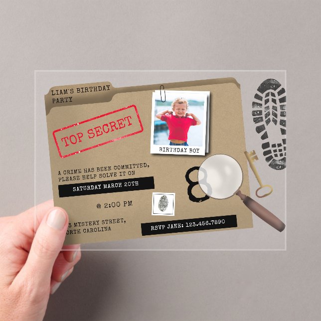 Mystery Kids Secret Agent Spy Detective Birthday Acrylic Invitations (Insitu (Handheld))