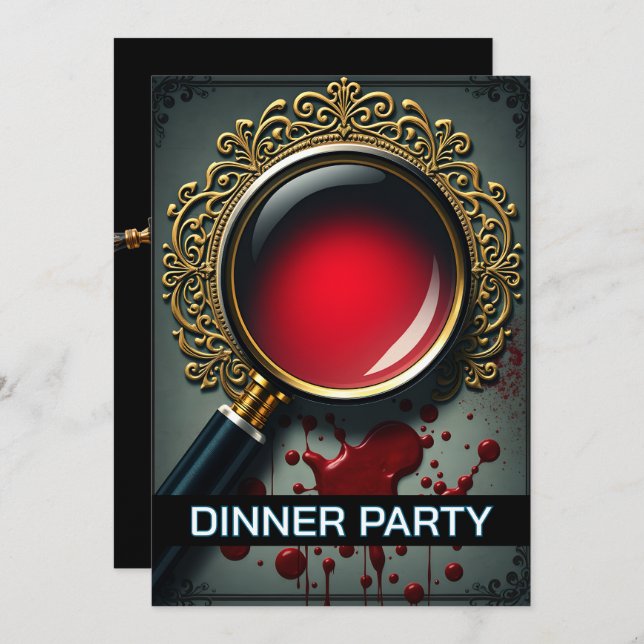 Mystery magnifying glass clues dinner party invitation (Front/Back)