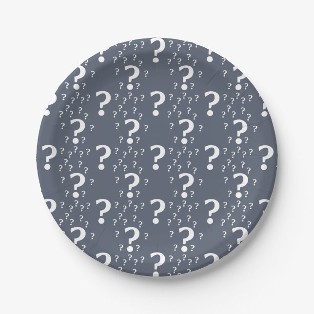 Mystery question mark riddle puzzle blue-grey paper plate (Front)