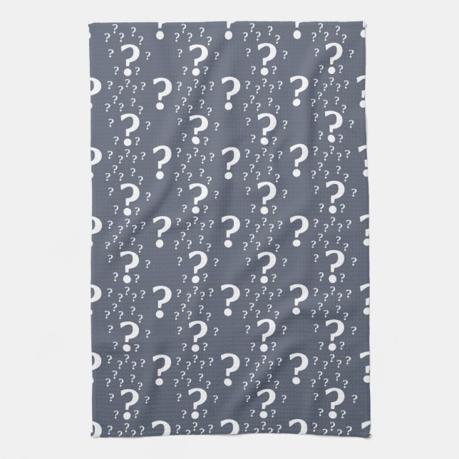 Mystery question mark riddle puzzle blue-grey tea towel (Vertical)