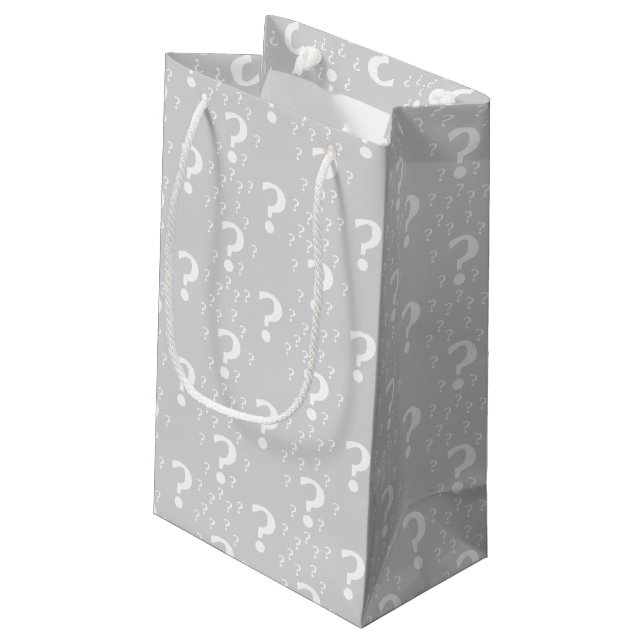 Mystery question mark riddle puzzle light gray small gift bag (Back Angled)