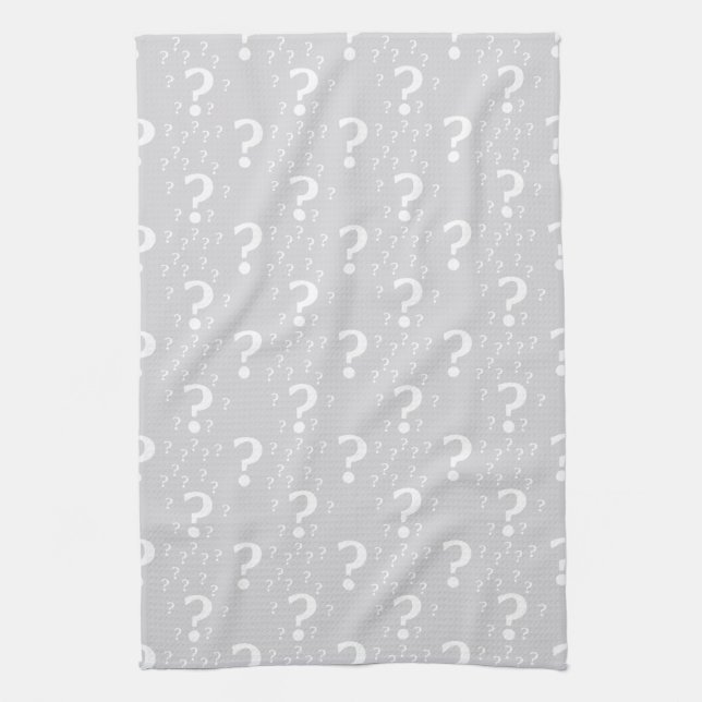 Mystery question mark riddle puzzle light gray tea towel (Vertical)