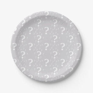 Mystery question mark riddle puzzle light grey paper plate