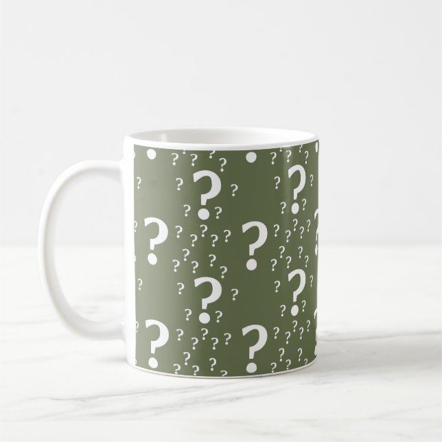 Mystery question mark riddle puzzle olive green coffee mug (Left)