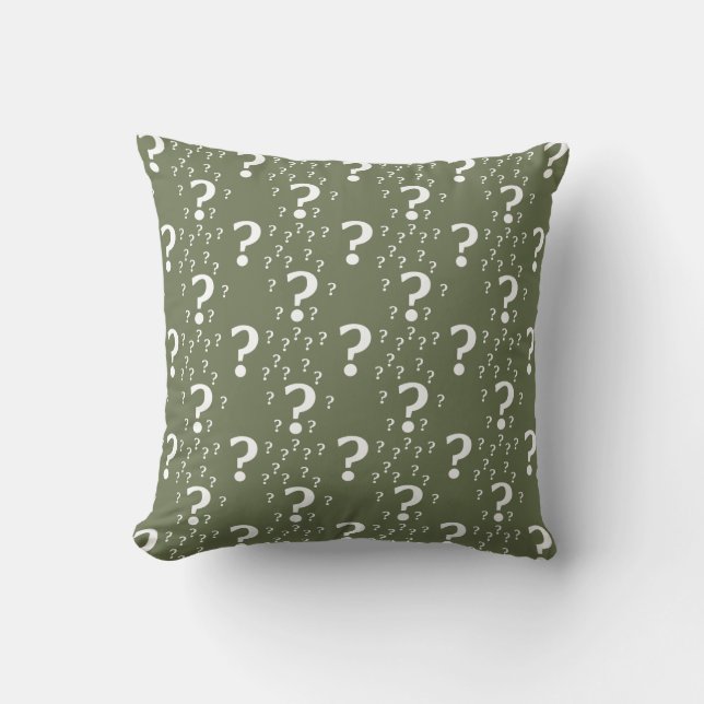 Mystery question mark riddle puzzle olive green cushion (Front)