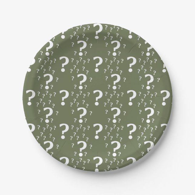 Mystery question mark riddle puzzle olive green paper plate (Front)