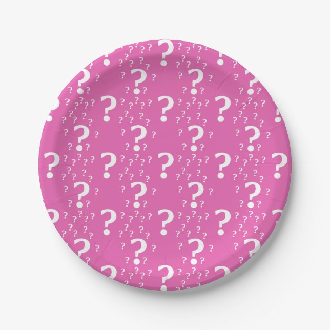 Mystery question mark riddle puzzle pink paper plate (Front)