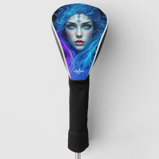 Mystery Woman Emerging from Blue & Purple Flames Golf Head Cover (Front)