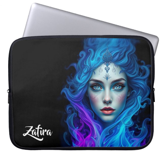 Mystery Woman Emerging from Blue & Purple Flames Laptop Sleeve (Front)