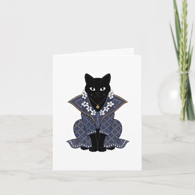 Mystic Black Cat Blue Batik Greeting Card (Front)