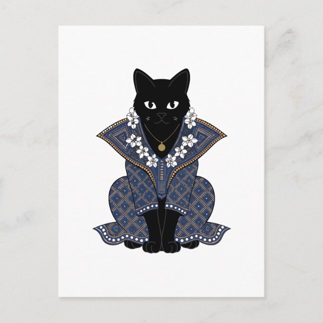 Mystic Black Cat Blue Batik Greeting Card (Front)