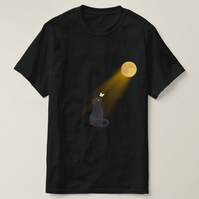 Mystic Black Cat Gazing at the Glowing Moon T-Shir T-Shirt (Design Front)