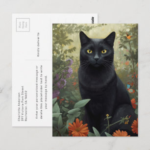Mystic Black Cat In The Garden Postcard