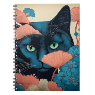 Mystic Black Cat Japanese Floral Art Notebook