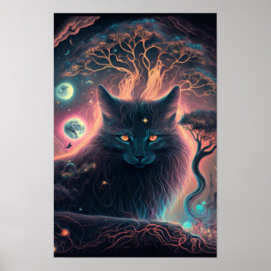 Mystic Black Cat Poster   Witchy Art 1