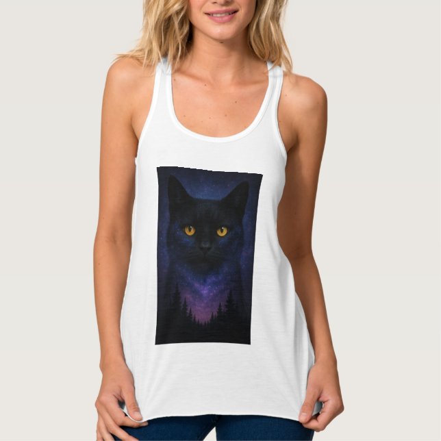 Mystic Black Cat Starry Night Forest Singlet (Front)