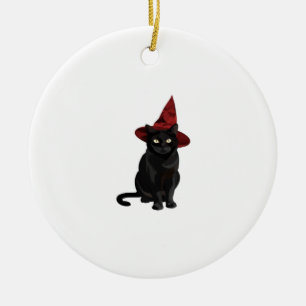 Mystic Black Cat with Dark Red Hat Classic T-Shirt Ceramic Tree Decoration