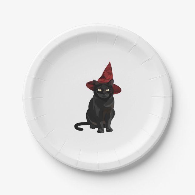 Mystic Black Cat with Dark Red Hat Classic T-Shirt Paper Plate (Front)