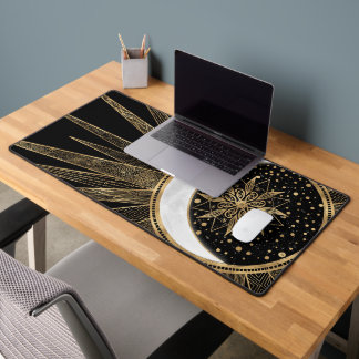 Mystic Black Gold Sun Moon Mandala Desk Mat