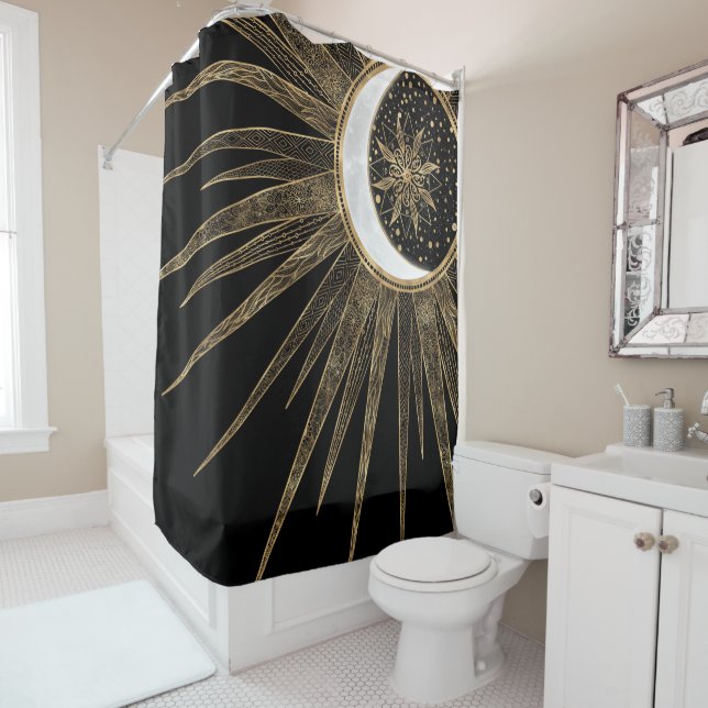 Mystic Black Gold Sun Moon Mandala Shower Curtain (In Situ)